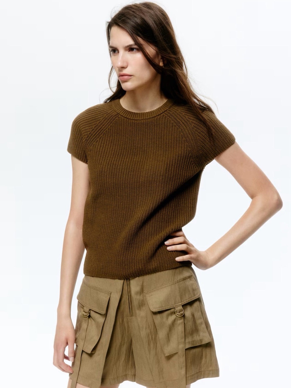 H&M Brown Short Sleeve Ribbed Knit Top